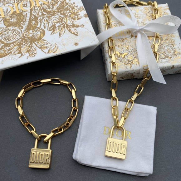 Dior Gold Link Necklace with Lock Pendant - Picture 1 of 11